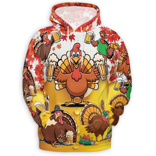 Netecom Funny Drunk Turkey Thanksgiving 3D Hoodie with Front Pocket, Unisex Casual All Over Graphic Sweatshirt