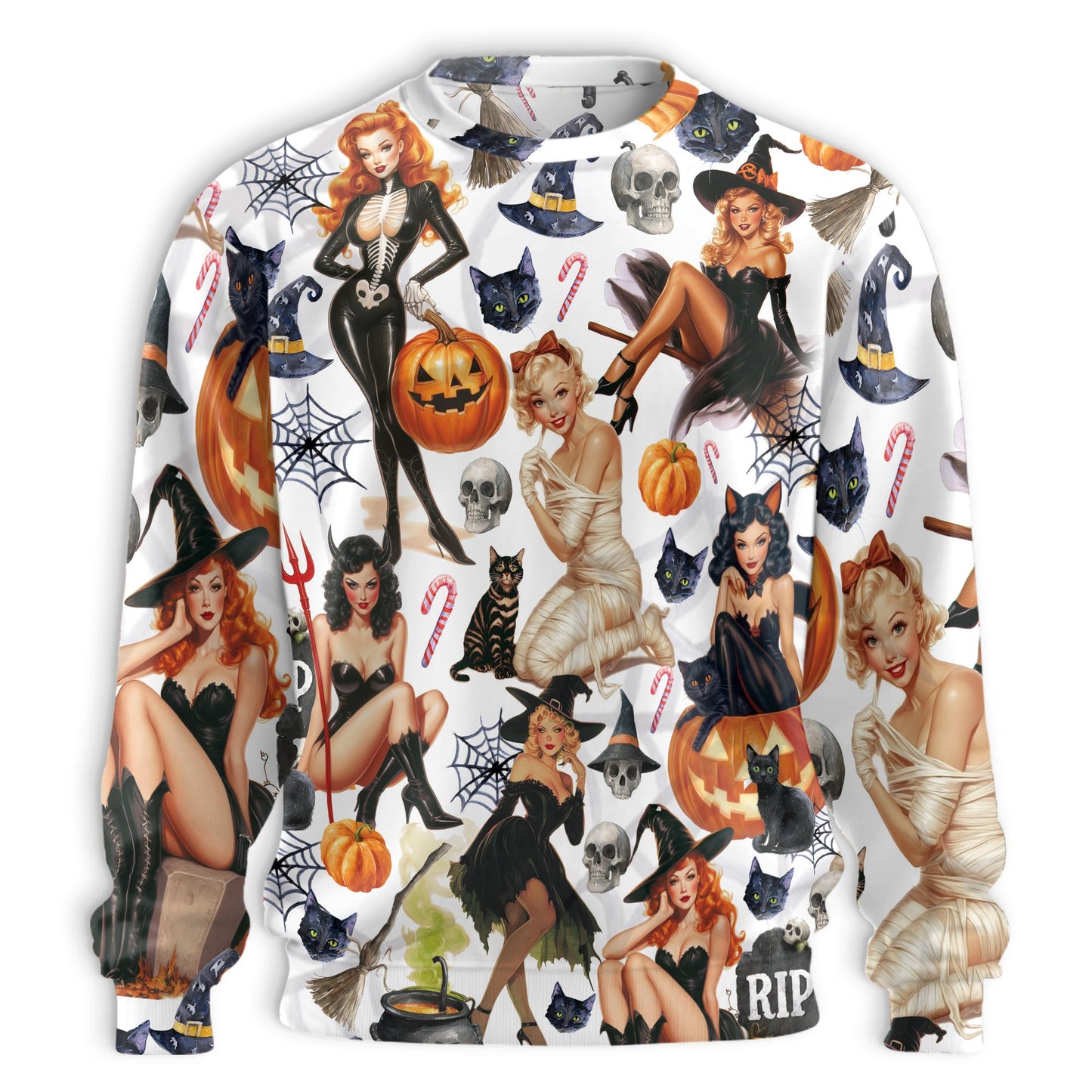 Netecom Halloween Pin Up Witch Sweatshirt 3D All Over Print, Retro Spooky Outfit, Crewneck Pullover for Costume Party