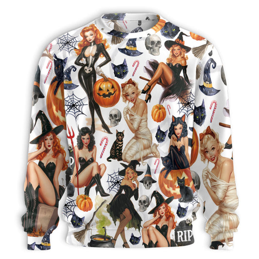 Netecom Halloween Pin Up Witch Sweatshirt 3D All Over Print, Retro Spooky Outfit, Crewneck Pullover for Costume Party