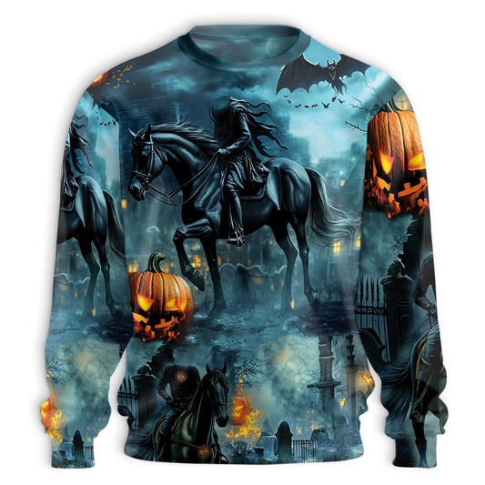 Netecom Halloween Rider on Horse Sweatshirt 3D All Over Print – Unisex Crewneck Pullover, Lightweight Fleece Casual Outfit