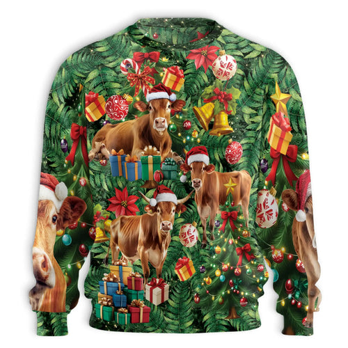 Cute Christmas Cow Sweatshirt, 3D All Over Print Holiday Farm Animal Crewneck Pullover for Men Women, Cow Lover Gift - Netecom
