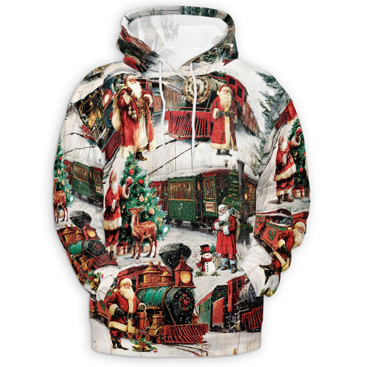 Netecom Vintage Christmas Train Print Hoodie with Front Pocket, All Over Old-Fashioned Graphic Sweatshirt Unisex Casual