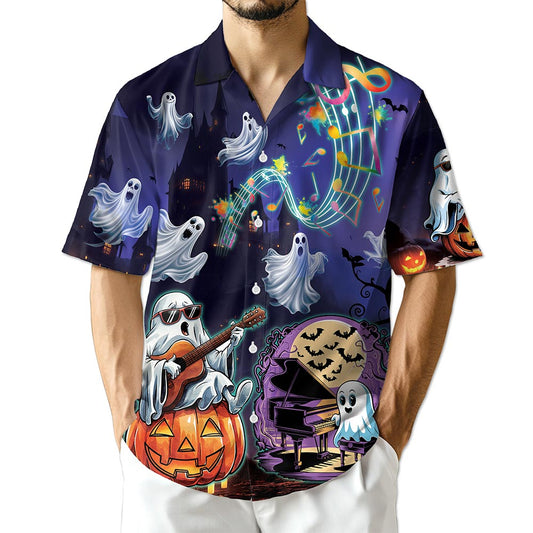 Netecom Music Night Hawaiian Shirt for Men, Halloween Present, Pumpkin Ghost Button Down Summer Beach Shirts, S-5XL