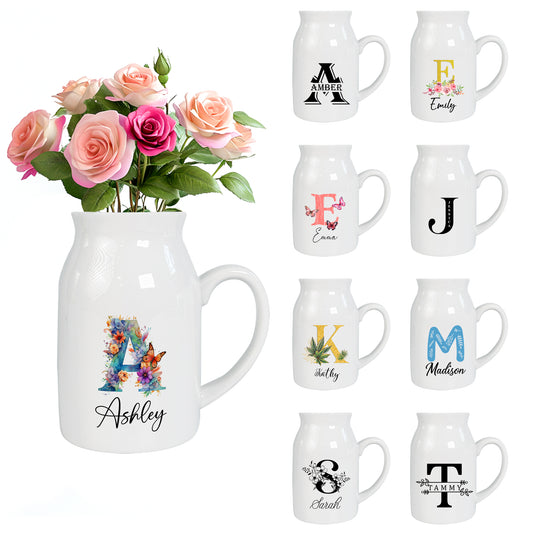 Netecom Personalized Ceramic Jug Vase with Botanical Gold Letter, Stylish Home Accent, Ideal Gift for Christmas or Thanksgiving Decor