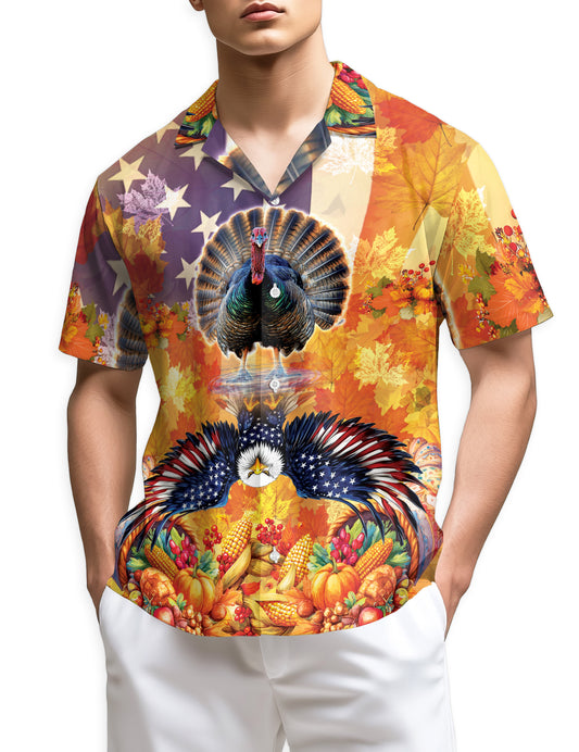 Netecom Turkey and Eagle Thanksgiving Hawaiian Shirt for Men, Autumn Animal Button Down Summer Beach Shirts, S-5XL