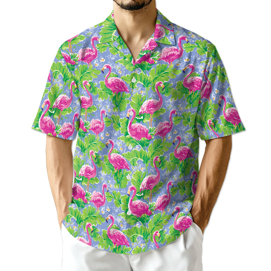 Netecom Watercolor Tropical Flamingo Hawaiian Shirt for Men, Pink Bird Summer Button Down Short Sleeve Beach Shirt