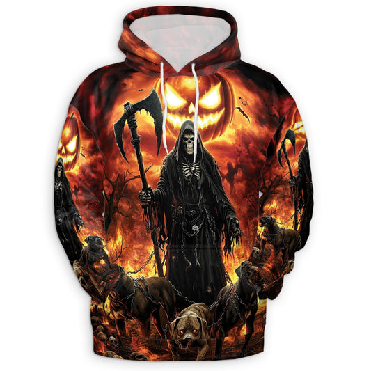 Netecom Grim Reaper Halloween 3D Print Hoodie with Front Pocket, All Over Graphic Dark Hellhound Sweatshirt Unisex Casual