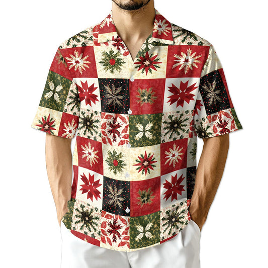 Netecom Christmas Quilt Pattern Hawaiian Shirt for Men, Patchwork Style Button Down Summer Beach Shirts, S-5XL