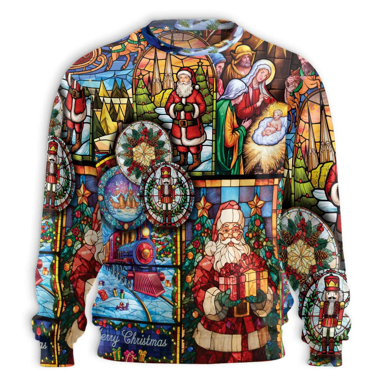 Christmas Stained Glass Sweatshirt, 3D All Over Print Holiday Religious Art Crewneck Pullover for Men Women, Christmas Gift - Netecom