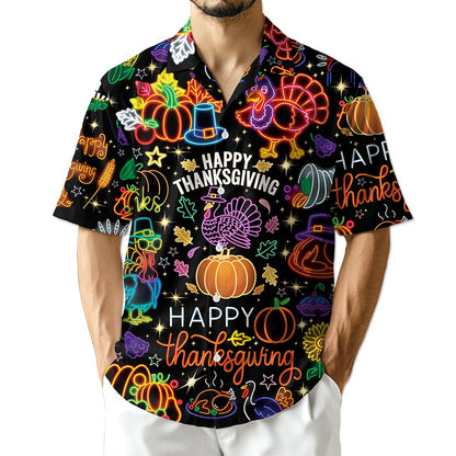 Netecom Neon Thanksgiving Hawaiian for Men Women, Happy Turkey Day Button Down Summer Beach Short Sleeve Shirts, S-5XL