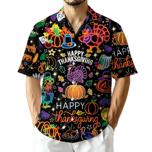 Netecom Neon Thanksgiving Hawaiian for Men Women, Happy Turkey Day Button Down Summer Beach Short Sleeve Shirts, S-5XL