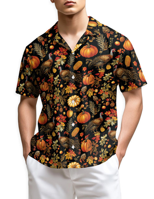 Netecom Happy Turkey Day Thanksgiving Hawaiian Shirt, Fall Leaves Pumkpin Button Down Summer Beach Shirts, S-5XL