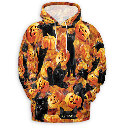 Netecom Black Cat and Pumpkin 3D Print Hoodie with Front Pocket, All Over Graphic Funny Halloween Sweatshirt Unisex Casual