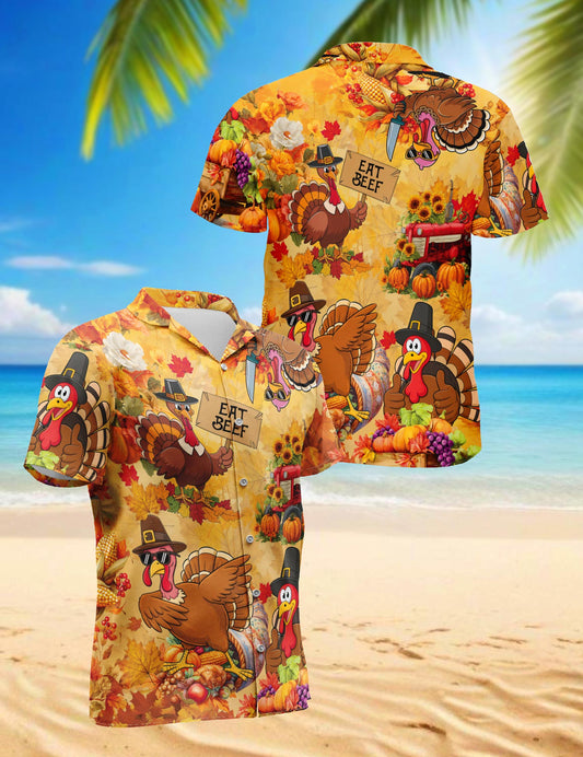 Netecom Funny Thanksgiving Turkey Hawaiian Shirt for Men, Funny Eat Beef Print Holiday Button Down Shirt, S-5XL