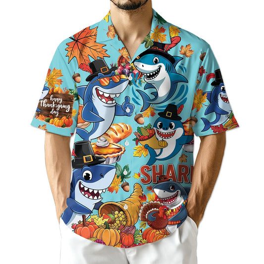 Netecom Shark Thanksgiving Hawaiian Shirt for Men, Happy Turkey Day Button Down Summer Beach Short Sleeve Shirts, S-5XL