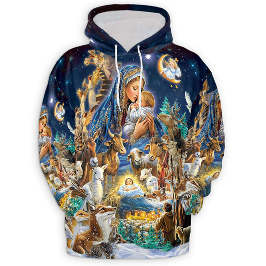 Netecom Nativity Scene Print Hoodie with Front Pocket, All Over Holy Family Christian Graphic Sweatshirt Unisex Casual