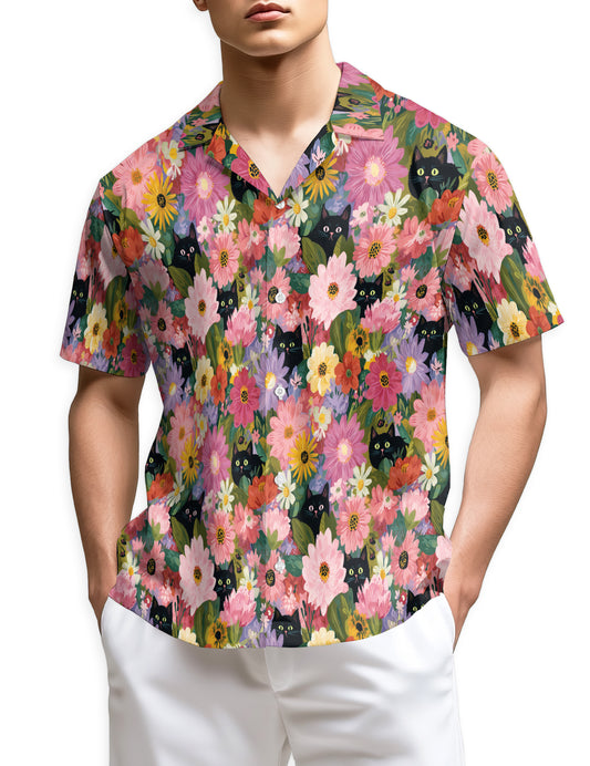 Netecom Black Cat Floral Hawaiian Shirt for Men Women, Cute Kitten in Colorful Daisy Garden Button Down Shirt