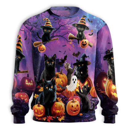 Netecom Halloween Black Cat Pumpkin Sweatshirt 3D All Over Print, Witchy Spooky Outfit, Crewneck Pullover for Costume Party