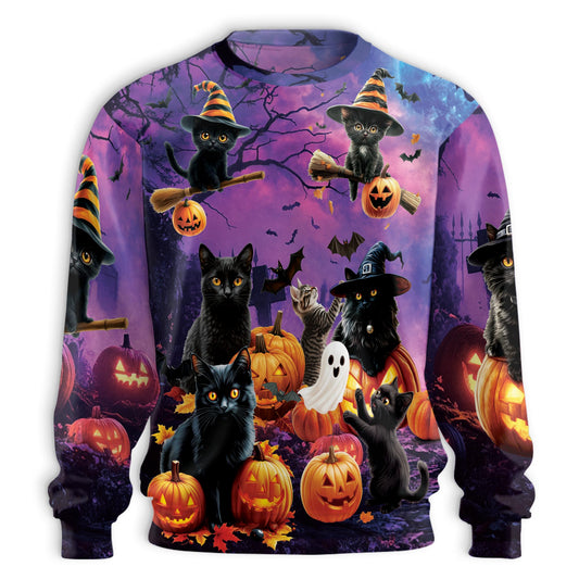 Netecom Halloween Black Cat Pumpkin Sweatshirt 3D All Over Print, Witchy Spooky Outfit, Crewneck Pullover for Costume Party