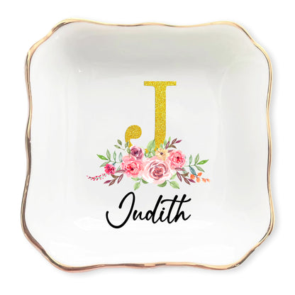 Netecom Personalized Floral Jewelry Tray with Glittery Initials, Custom Name Jewelry Dish for Special Occasions or Gifts