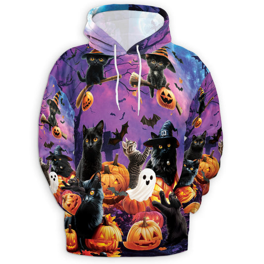 Netecom Black Cat Pumpkin Halloween 3D Print Hoodie with Front Pocket, All Over Graphic Animal Ghost Sweatshirt Unisex Casual
