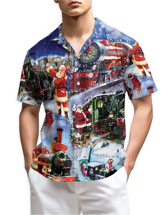 Netecom Santa Claus Christmas Train Hawaiian Shirt, Holiday Locomotive Night Ride Short Sleeve Button Down Shirt, S-5XL