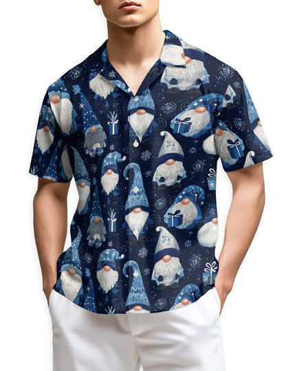Netecom Blue Snow Gnomes Pattern Hawaiian Shirt for Men, Vintage Christmas Holiday Aloha Button Down Short Sleeve Shirt