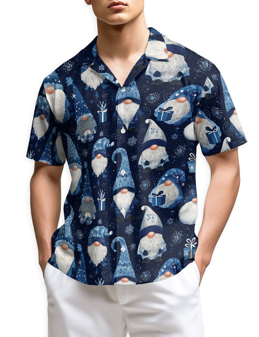Netecom Blue Snow Gnomes Pattern Hawaiian Shirt for Men, Vintage Christmas Holiday Aloha Button Down Short Sleeve Shirt