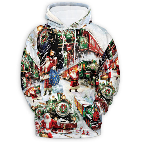 Netecom Christmas Train 3D Hoodie with Front Pocket, Unisex Casual All Over Vintage Santa Claus Graphic Sweatshirt