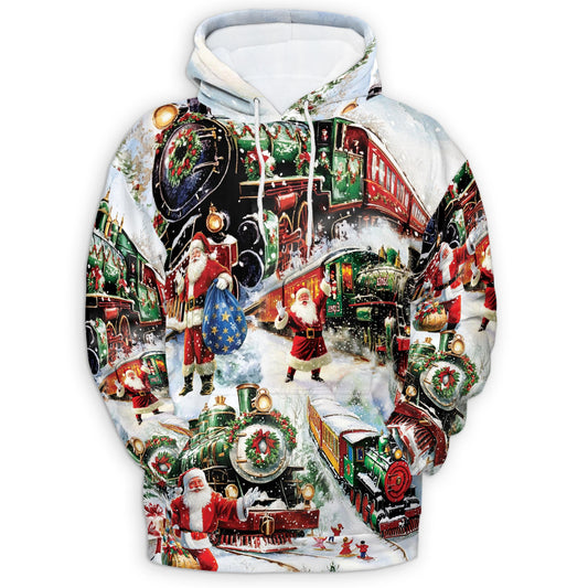 Netecom Christmas Train 3D Hoodie with Front Pocket, Unisex Casual All Over Vintage Santa Claus Graphic Sweatshirt