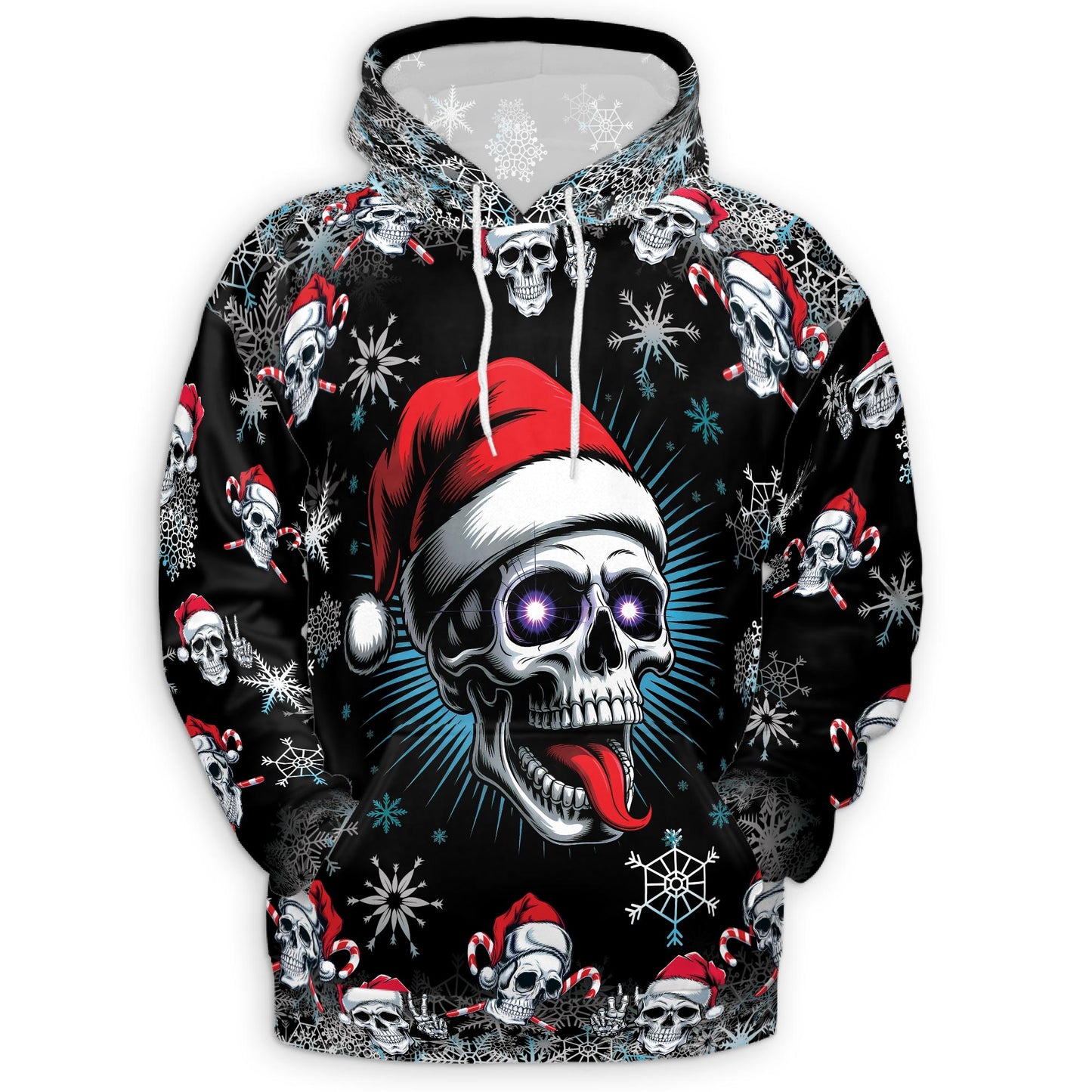 Netecom Skull Christmas Print Hoodie with Front Pocket, All Over Santa Hat Skeleton Graphic Sweatshirt Unisex Casual