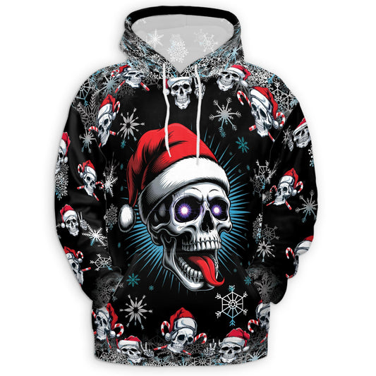 Netecom Skull Christmas Print Hoodie with Front Pocket, All Over Santa Hat Skeleton Graphic Sweatshirt Unisex Casual
