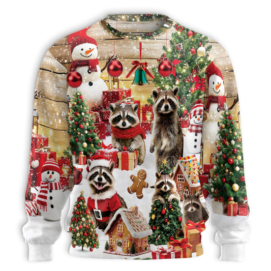 Netecom Cute Christmas Raccoon Sweatshirt 3D All Over Print, Raccoon Lover Gifts, Crewneck Pullover for Costume Party