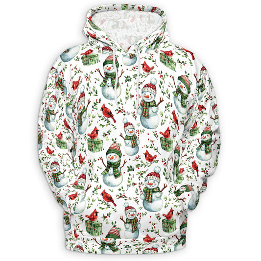 Netecom Snowman and Red Cardinal Christmas 3D Hoodie with Front Pocket, Unisex Casual All Over Graphic Sweatshirt
