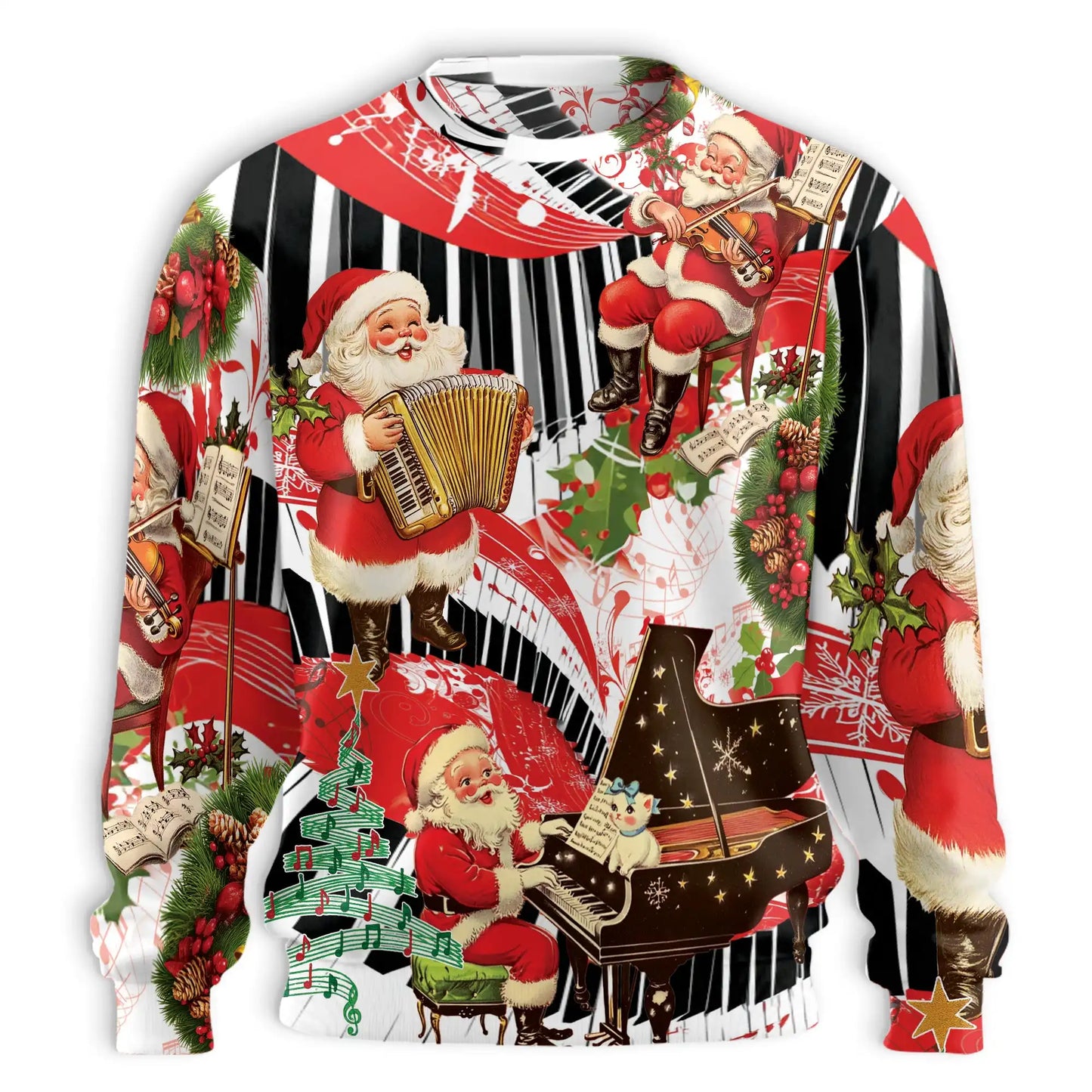 Musical Santa Christmas Sweatshirt, 3D All Over Print Holiday Music Crewneck Pullover for Men Women, Santa Music Lover Gift - Netecom