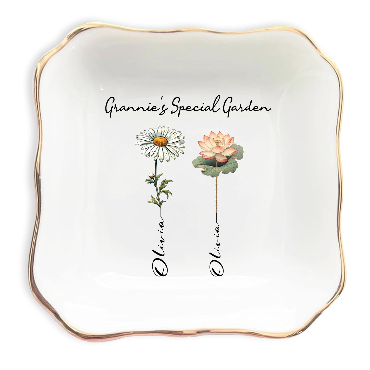 Netecom Custom Birth Month Flower Ceramic Jewelry Tray , Personalized Name Ring Dish , Elegant Gift for Birthday or Mother’s Day