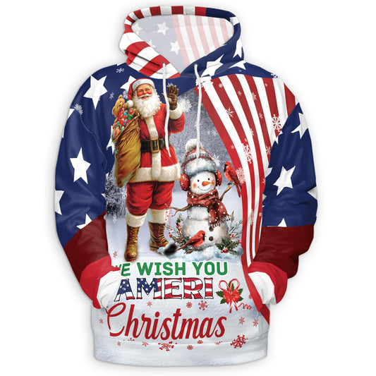 Netecom We Wish You Ameri Christmas 3D Hoodie with Front Pocket, Unisex Casual All Over Patriotic Graphic Sweatshirt