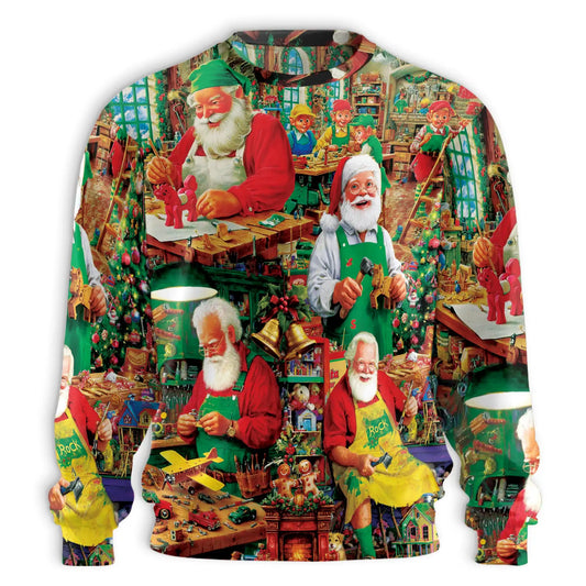 Vintage Santa Claus Factory Sweatshirt, 3D All Over Print Retro Christmas Workshop Crewneck Pullover for Men Women, Santa Lover Gift - Netecom