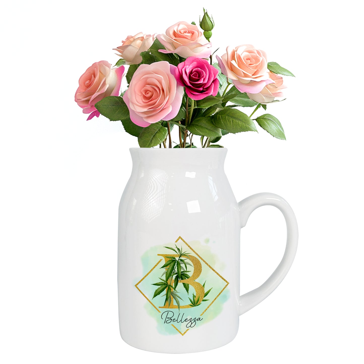 Netecom Floral Gold Initial Ceramic Pitcher with Custom Name, Elegant Farmhouse Vase for Wedding, Valentine’s Day, or Anniversary Gift