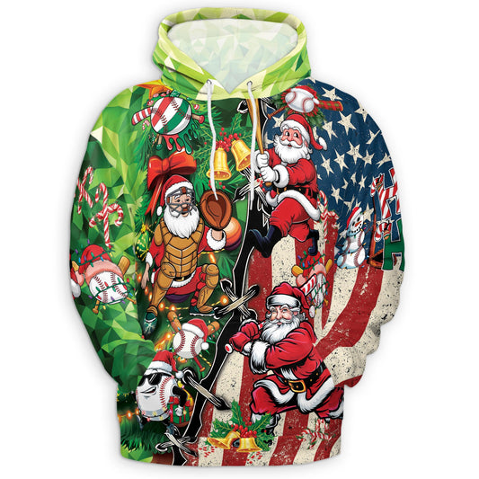 Netecom Baseball Santa USA Flag Christmas 3D Hoodie with Front Pocket, Unisex Casual All Over Graphic Sweatshirt