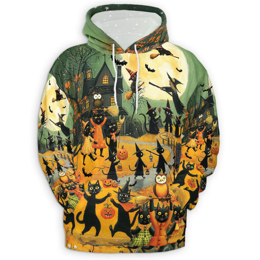 Netecom Black Cat Halloween 3D Print Hoodie with Front Pocket, All Over Graphic Animal Pumpkin Sweatshirt Unisex Casual