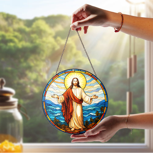 Netecom Jesus Stained Glass Suncatcher, 8-inch – Religious Window Ornament for Home, Church, and Christmas Decor, Perfect Christian Gifts for Holidays and Spiritual Gifts