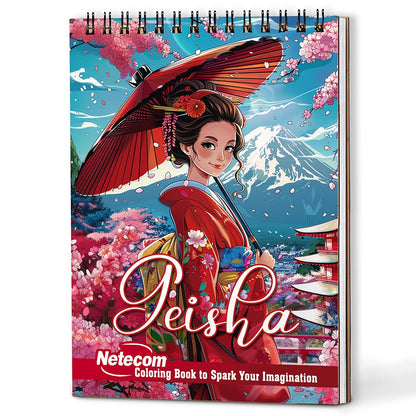 Netecom Geisha Coloring Book Spiral Bound for Adults, A5 Wooden Cover, 30 Elegant Coloring Pages of Traditional Japanese Beauty for Stress Relief and Relaxation