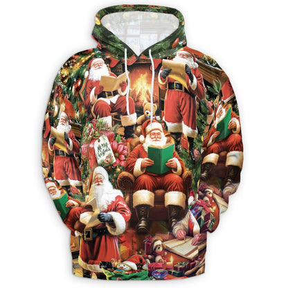 Netecom Santa Claus Reading Book Christmas Print Hoodie with Front Pocket, All Over Graphic Sweatshirt Unisex Casual