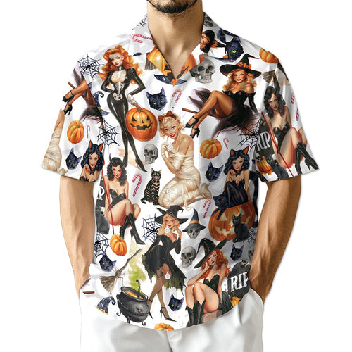 Netecom Pinup Girls Hawaiian Shirt, Pumpkin Skull Halloween Button Down Summer Beach Short Sleeve Shirts, S-5XL