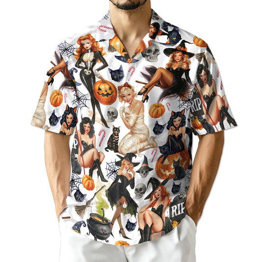 Netecom Pinup Girls Hawaiian Shirt, Pumpkin Skull Halloween Button Down Summer Beach Short Sleeve Shirts, S-5XL