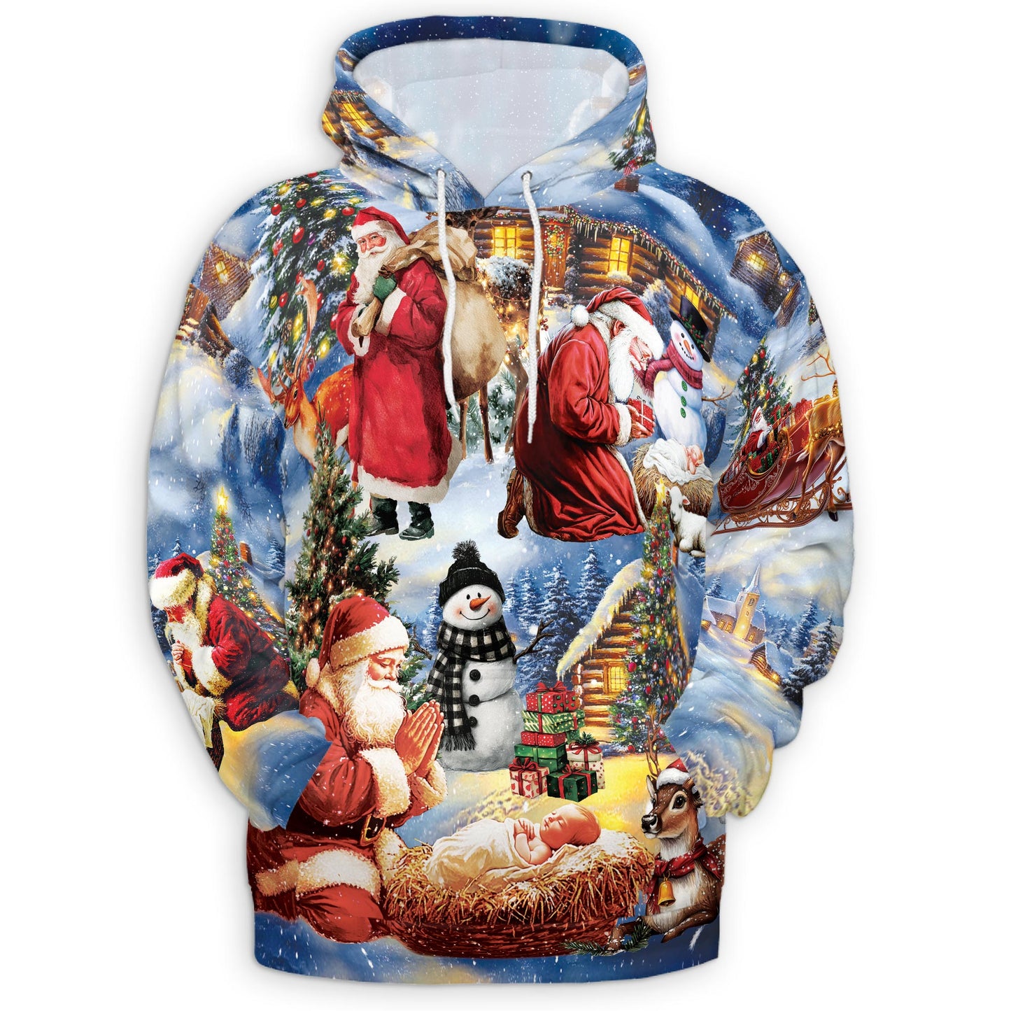 Netecom Christmas Nativity Print Hoodie with Front Pocket, All Over Santa Claus Jesus Holiday Graphic Sweatshirt Unisex Casual