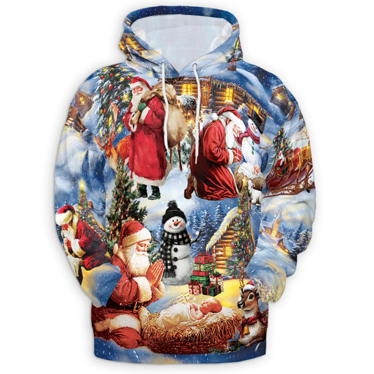 Netecom Christmas Nativity Print Hoodie with Front Pocket, All Over Santa Claus Jesus Holiday Graphic Sweatshirt Unisex Casual