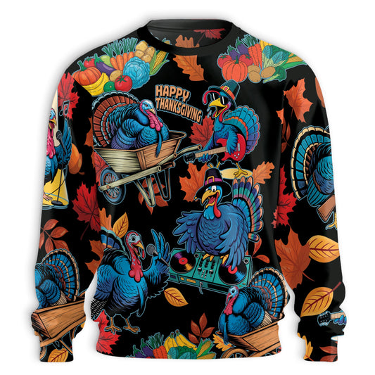Netecom Thanksgiving Turkey Music Sweatshirt 3D All Over Print, Holiday Autumn Design, Crewneck Pullover for Costume Party