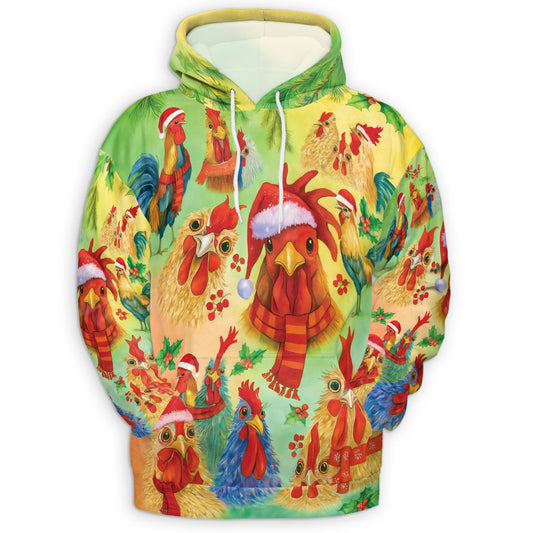 Netecom Rooster Merry Clucking Christmas 3D Hoodie with Front Pocket, Unisex Casual All Over Graphic Sweatshirt